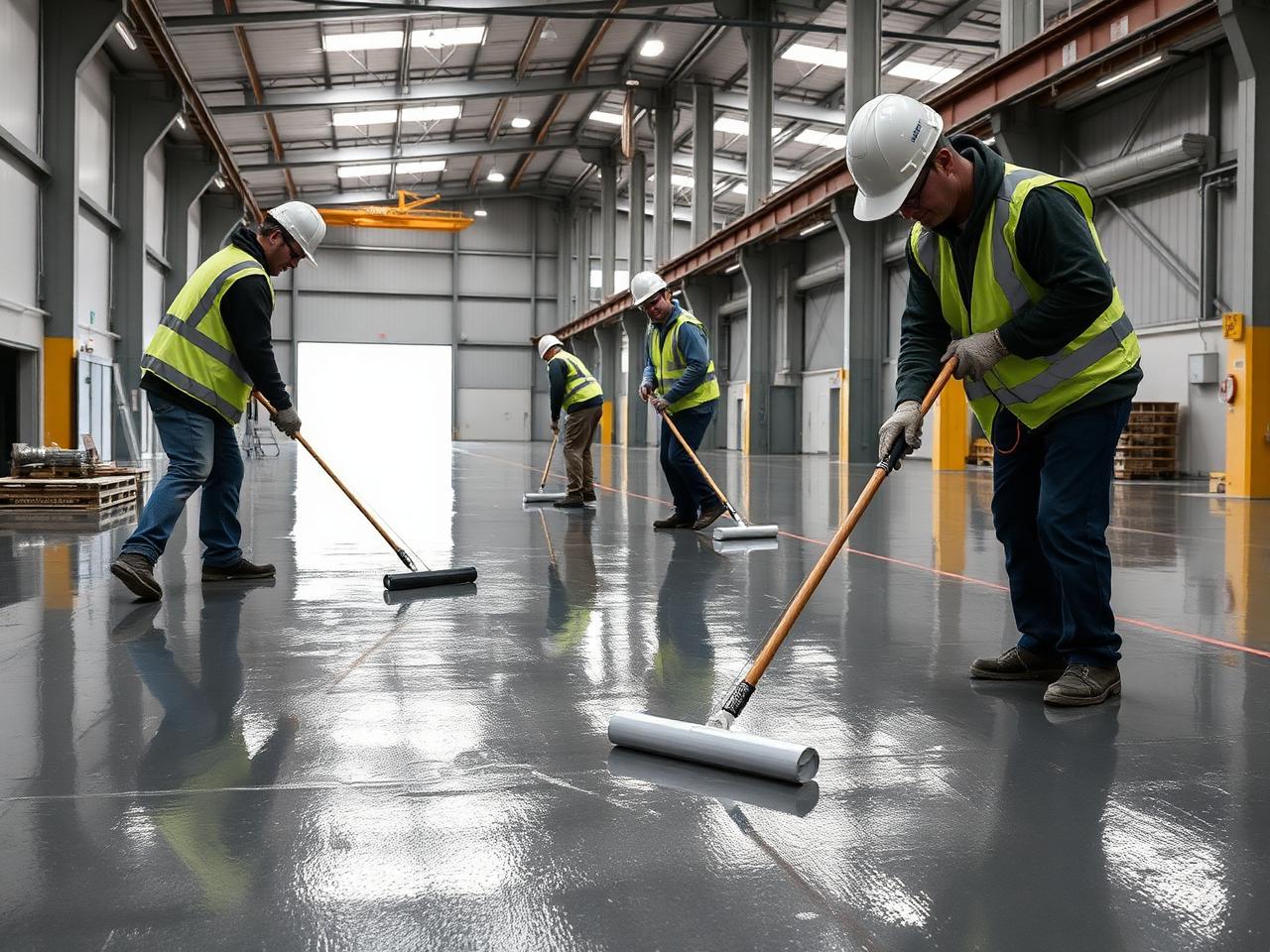 Nvirocrete applicators spreading epoxy resin across an industrial hall floor