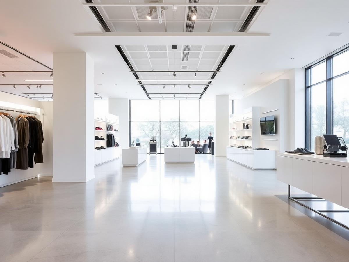 Bright retail showroom with a seamless light resin floor