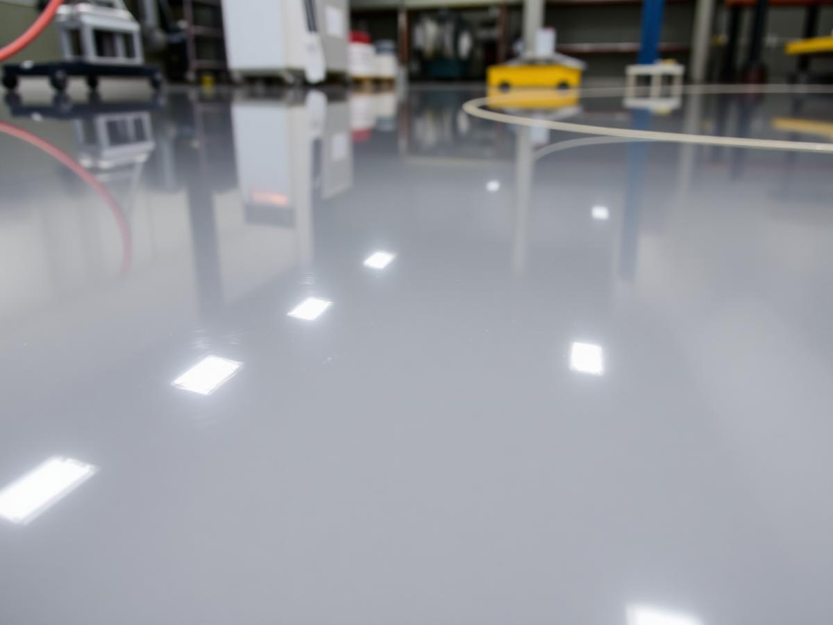 Freshly poured mirror-finish epoxy resin floor