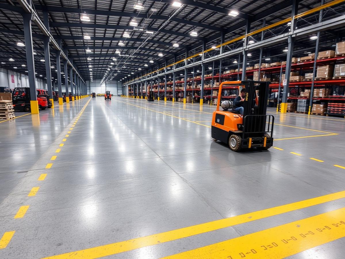 Warehouse floor with yellow demarcation lines and a forklift