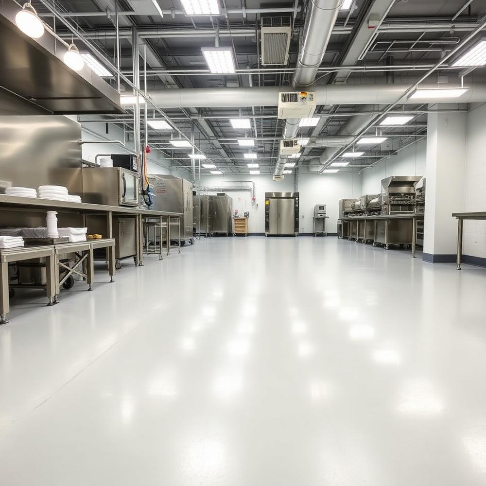 Hygienic light grey resin floor in a food processing plant