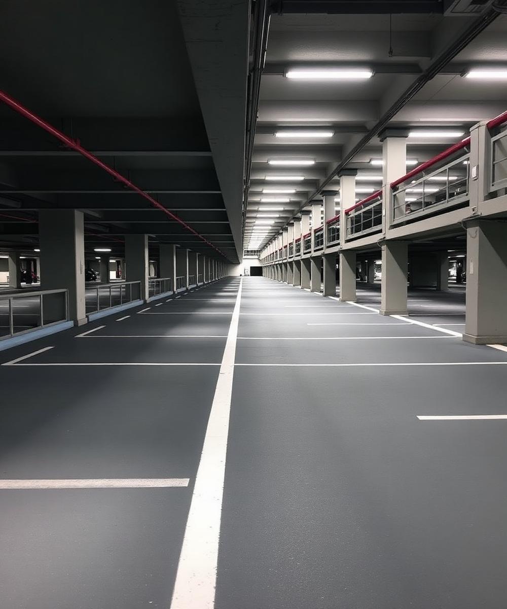 Parking deck with grey coating and white line markings