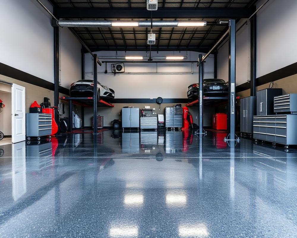 Automotive workshop with a glossy flake epoxy floor