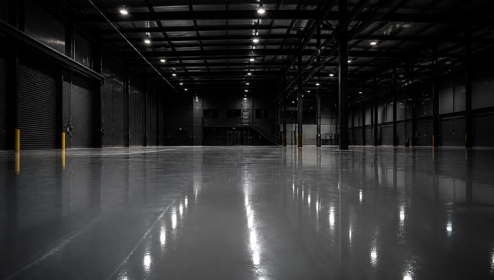 Polished grey epoxy resin floor reflecting the lights of a large empty warehouse